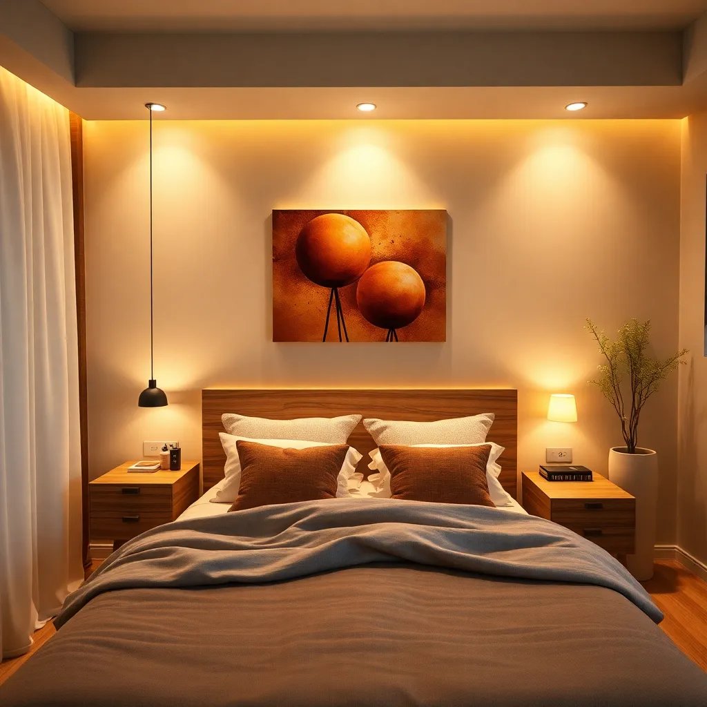 Cozy modern bedroom with a wooden headboard, ambient lighting, and artistic wall decor in warm tones